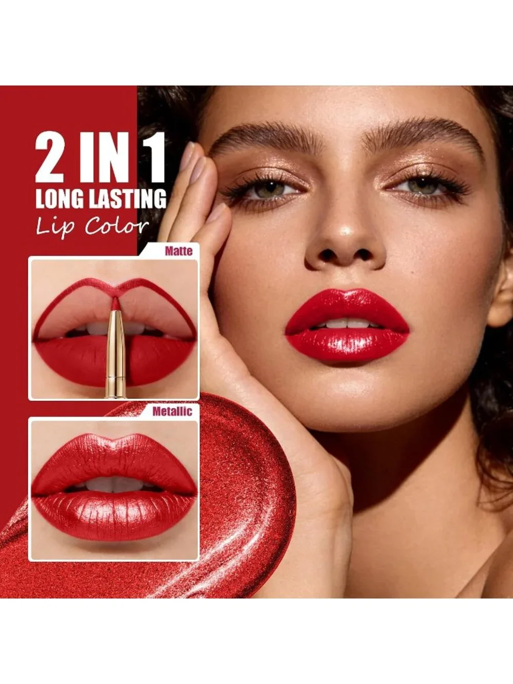 Women's GB26 One Kiss Metallic 2-in-1 Glitter Long Lasting Lipstick & Lip Liner